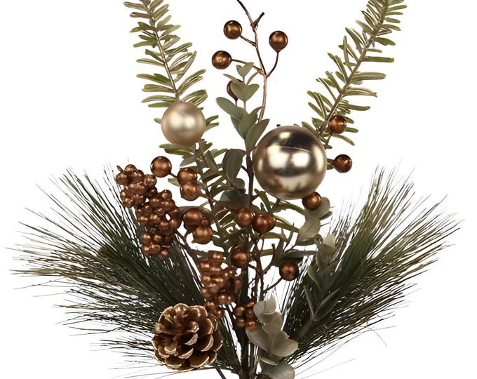 21" Christmas Stems, Faux Mixed Pine Spray on Stem Metallic Copper and Gold with Fern Cone and Ball Accents