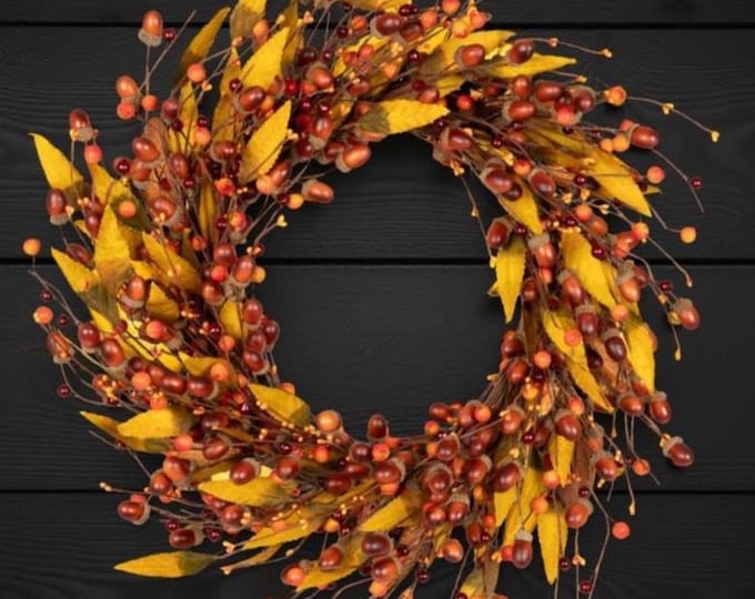 Rustic Fall Harvest Wreath with Acorns and Berries - 24"