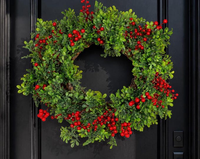 Faux Boxwood Berry Wreath, Holiday Front Door Decor - 20"