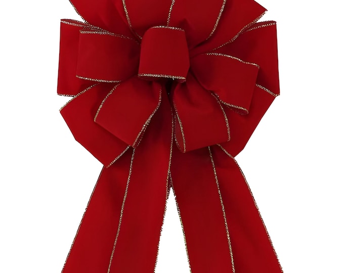 26" x 12" Large Red Velvet Outdoor Christmas Bow Gold Edge, Wired Waterproof Bow for Wreaths, Front Door, Porch, Mailbox