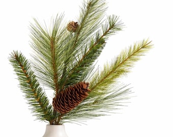 Faux Pine Branch Stem, Artificial Evergreen with Pinecones, Winter Holiday Vase Decor