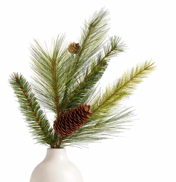 Faux Pine Branch Stem, Artificial Evergreen with Pinecones, Winter Holiday Vase Decor