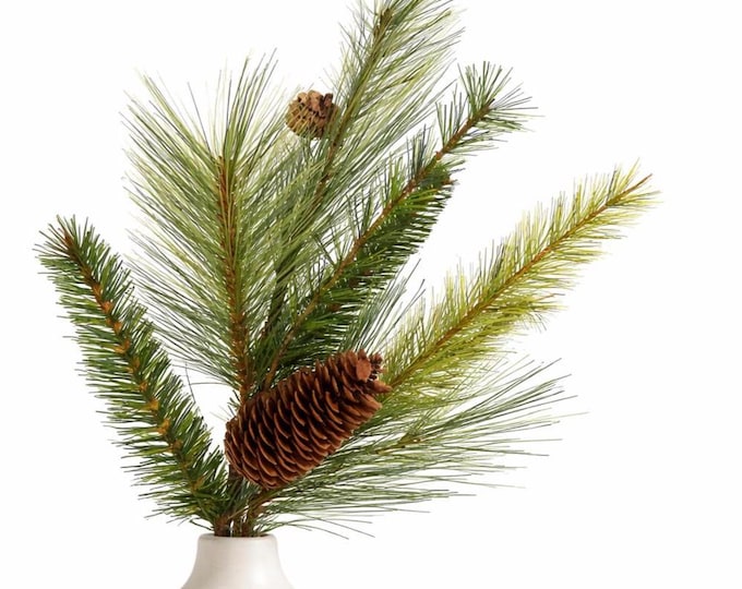 Faux Pine Branch Stem, Artificial Evergreen with Pinecones, Winter Holiday Vase Decor