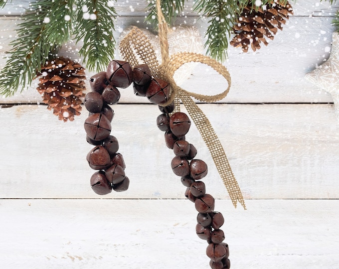 Rusty Jingle Bell Candy Cane Christmas Ornament w/Burlap Bow Hanger-Primitive Christmas Decor-Farmhouse Christmas Decor-Wreath/Floral Supply