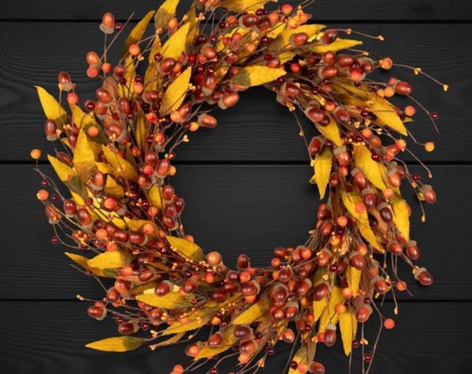 Fall Wreath for Front Door, Fall Harvest Acorns Leaves Berries Wreath, Autumn Wreath, Thanksgiving Wreath, Rustic Door Wreath