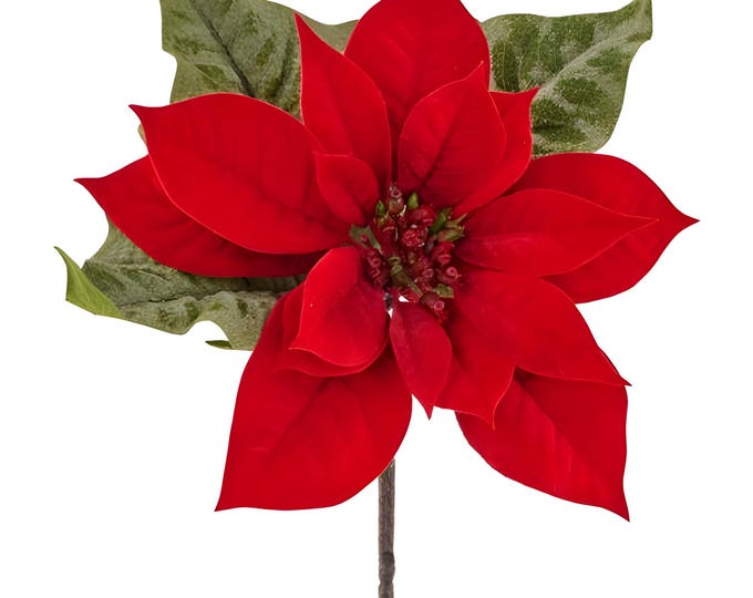 Red Poinsettia Stem, Faux Christmas Flower Pick, Holiday Floral Decor - 15"