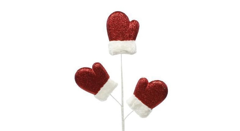 Three red glittered mittens with fur cuffs measuring 5" T x 4" W attached to a floral spray with wire for a total floral spray length of 28".  Each mitten is attached individually to the spray and can be bent and shaped as desired.