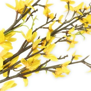 May include: A bunch of artificial yellow forsythia flowers with brown branches. The flowers are clustered together and have a delicate, realistic appearance.