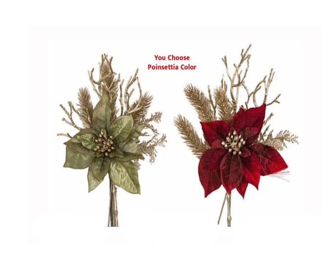 Poinsettia Flower Bundle with Metallic Champagne Twigs, Christmas Artificial Flowers for Holiday Centerpieces & Floral Arrangements