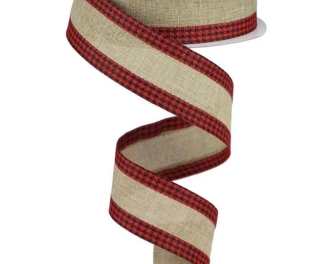 Wired Royal Burlap Ribbon, Beige with Red/Black Gingham Edge - 1.5" x 10 YDS