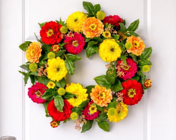 Zinnia Wreath, Summer Front Door Decor, Bright Colorful Floral Wreath
