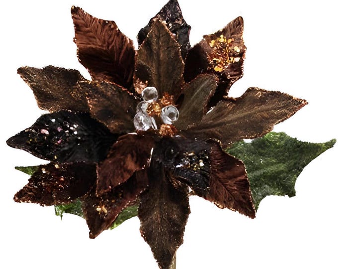29" Christmas Stems, Faux Beaded Poinsettia on Stem Copper and Cocoa