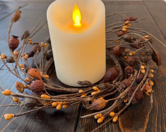 Fall Candle Ring Wreath, Dried Rose Hip Candle Wreath, Rustic Autumn Candle Ring, Harvest Wreath for Table Decor or Mantel