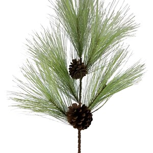 May include: Artificial pine branch with two brown pine cones. The branch features long, thin, light green needles and a textured brown stem. Ideal for holiday or seasonal decor.