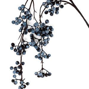 May include: A long, artificial stem with blue berries clustered along the branches. The berries have a frosted appearance.