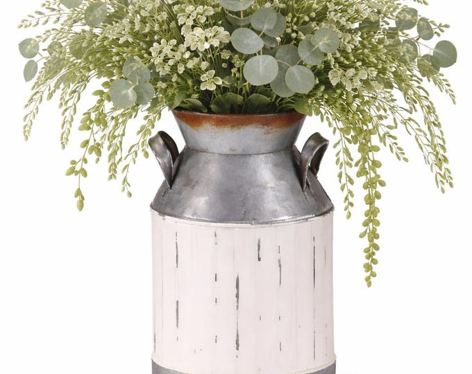 Rustic Galvanized Milk Jug Vase, Whitewashed Farmhouse Decor - 8"