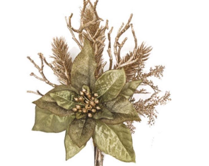 Sage Green Poinsettia Flower Bundle with Metallic Champagne Twigs, Christmas Artificial Flowers, Holiday Centerpieces & Floral Arrangements