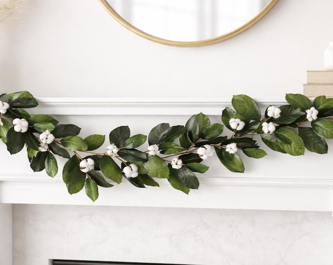 Magnolia Leaf & Cotton Garland, Evergreen Mantel Decor - 6FT