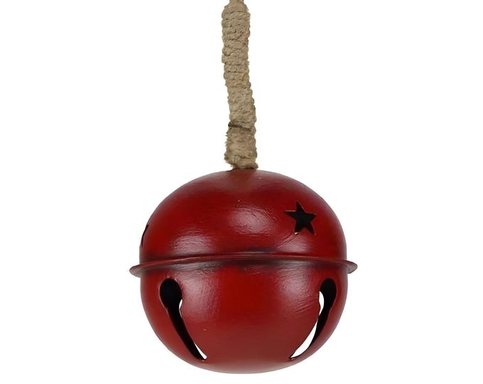 3.5" or 4.75" Antique Red Rustic Metal Jingle Bell Star Cutouts Jute Hanger Christmas Decor