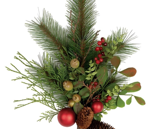20" Faux Pine Branch Stems with Metallic Red Balls and Mixed Greenery