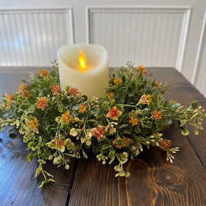 Fall Golden Wildflower and Baby's Grass Pillar Candle Ring Wreath