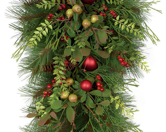 32" Christmas Swag Wreath Mixed Pine with Branch Accents Olives Crabapples and Matte Red Ball Ornaments