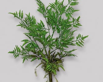 May include: A detailed artificial fern stem with bright green, feathery leaves. The stem is a natural brown colour, and the base shows some roots. This faux plant is suitable for home decor and crafting.