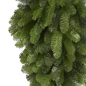 May include: Close-up of a green artificial Christmas garland. The garland features dense, realistic-looking evergreen foliage with detailed needle textures. The image is set against a white background, highlighting the garland's vibrant green color.