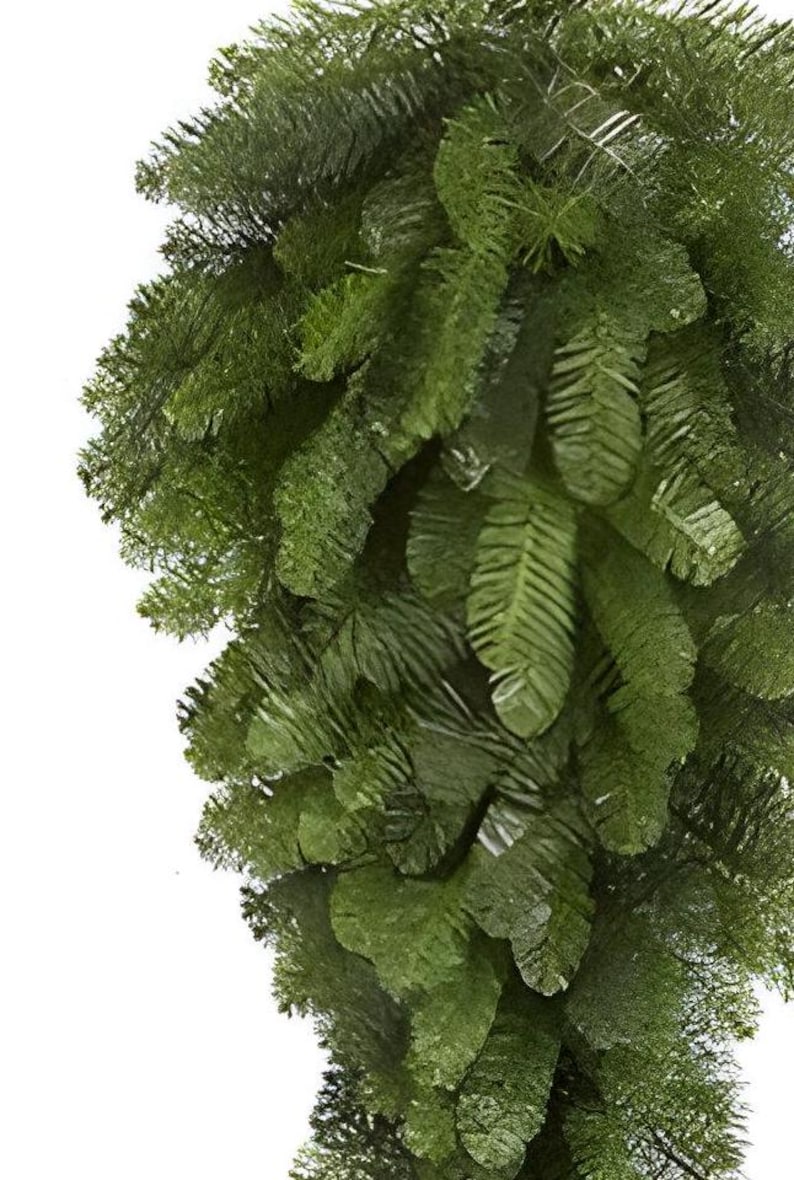May include: Close-up of a green artificial Christmas garland. The garland features dense, realistic-looking evergreen foliage with detailed needle textures. The image is set against a white background, highlighting the garland's vibrant green color.