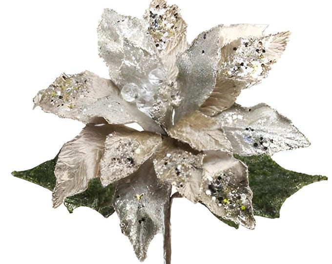 29" Christmas Stems, Faux Beaded Poinsettia on Stem - Champagne/Platinum