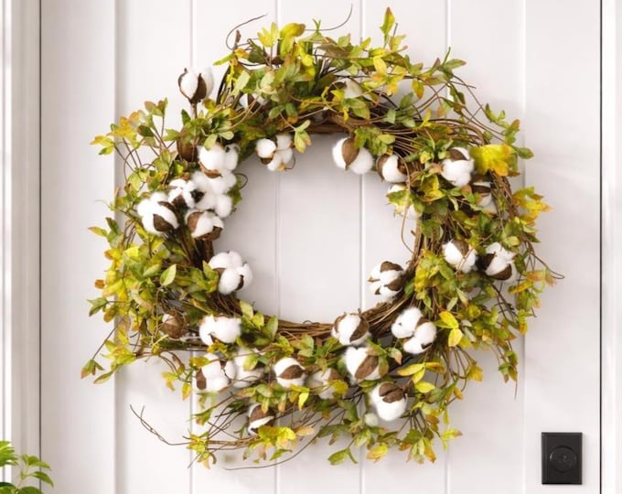 Farmhouse Cotton Blossom Wreath, Greenery Twig Wreath, Rustic Style - 24"