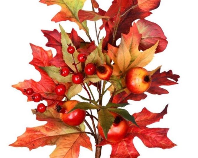 Faux Fall Leaf Stems with Pomegranates and Berries, Colorful Autumn Floral Spray for Vase Filler, Wreaths, Thanksgiving Floral Arrangements
