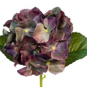 May include: A close-up of a faux hydrangea flower with a cluster of deep purple and green petals. The flower has a yellow center and is accompanied by two green leaves. The stem is a light green color.