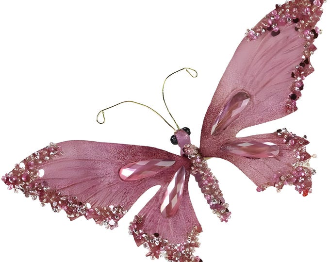 Faux Pink Butterfly Sequin Butterfly with Clip, Butterfly Clip Ornament - 7"