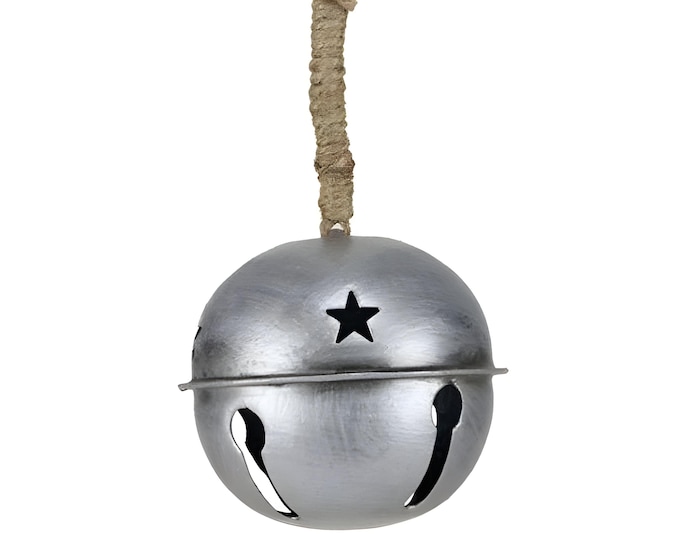 3.5" or 4.75" Antique Silver Rustic Metal Jingle Bell Star Cutouts Jute Hanger Christmas Decor