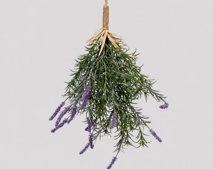 23" Faux Hanging Lavender Sage Mini Swag, Rustic Farmhouse Herb Decor