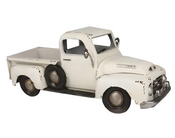 16&quot; Metal Vintage Farmhouse Christmas Truck Planter-Farm Truck-Antique White-Christmas Decor-Old Fashioned White Pickup-Floral Supply