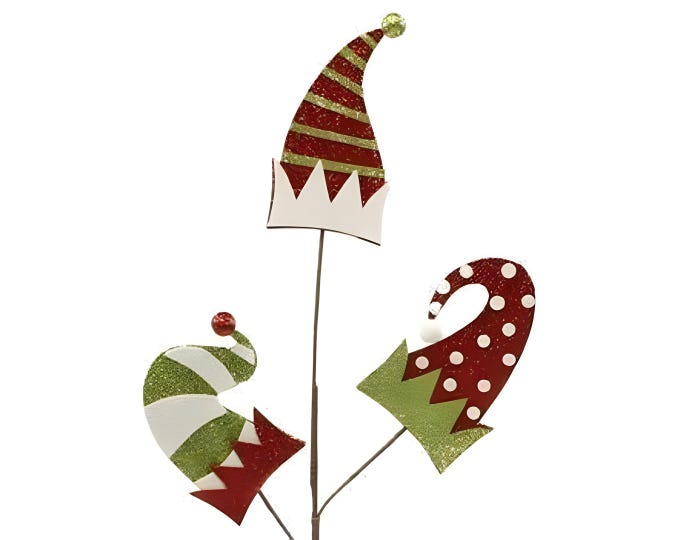 29" Glittered Elf Hat Christmas Stems, Christmas Spray RED LIME GREEN,