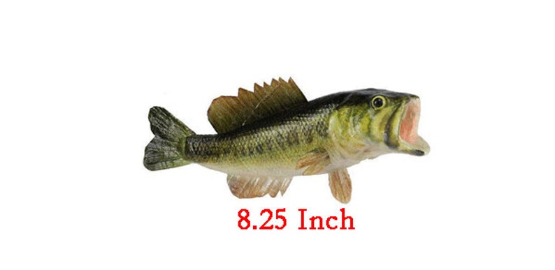 May include: A detailed, realistic sculpture of a largemouth bass, with open mouth. The fish is primarily green and yellow with dark stripes. The sculpture is 8.25 inches long.