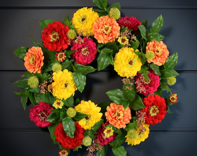 Colorful Summer Wreath for Front Door, Zinnia Wreath
