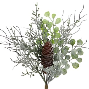 14&quot; Christmas Stems, Frosted Eucalyptus and Pine Spray Pick with Branch Accents, Winter Greenery