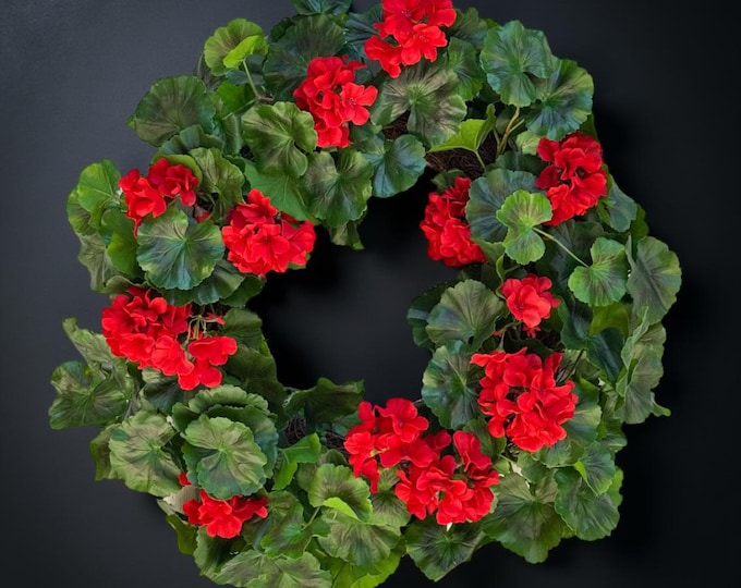 24" Red Geranium Wreath, Summer Wreath for Front Door
