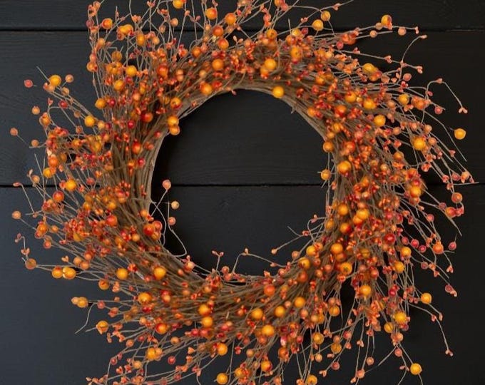 Fall Wreath for Front Door, Orange Wispy Berry Wreath, Autumn Wreath, Thanksgiving Wreath, Rustic Door Wreath