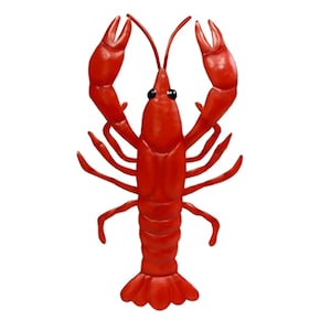 May include: A red plastic crawfish toy. The crawfish has black eyes and is posed with its claws raised.