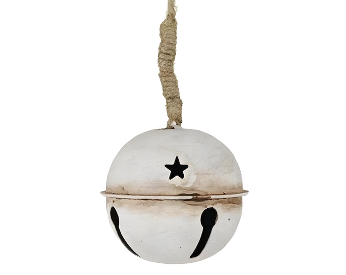 3.5" or 4.75" Antique White Rustic Metal Jingle Bell Star Cutouts Jute Hanger Christmas Decor