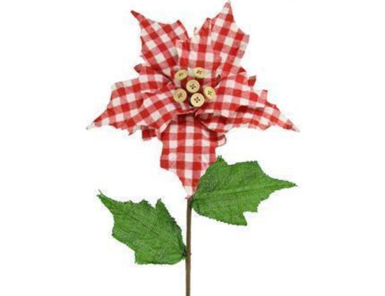 Gingham Check Christmas Poinsettia Flower w/ Buttons & Burlap Leaves-Farmhouse Style Christmas Decor-Holiday Home Decor-Spray/Pick image 1