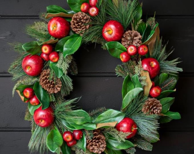Williamsburg Christmas Wreath with Magnolia Leaves Apples Cedar & Pine Greenery - 26"