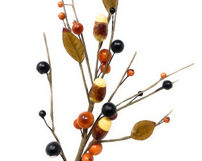 Primitive Candy Corn and Leaves Fall Floral Pick on Stem, DIY Floral Supply, 12 inch