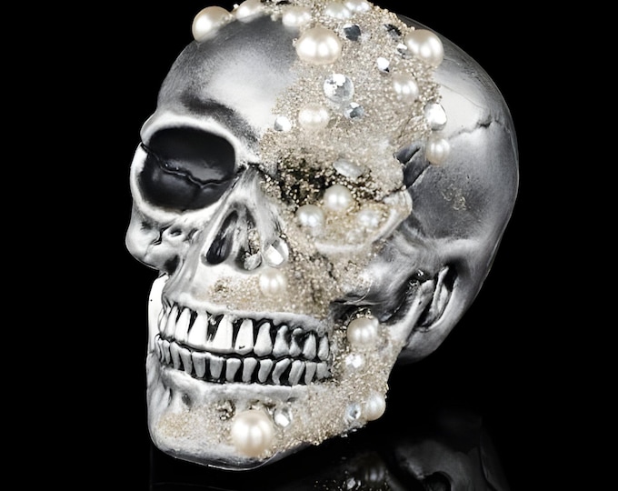 8" Pearl Skull Halloween Party Decor, Elegant Halloween Party Decoration, Skeleton Theme Party Decor, Skull Table Centerpiece Antique Silver