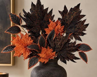 Set of 12 Glittered Fall Halloween Leaves Picks with Glittered Accents